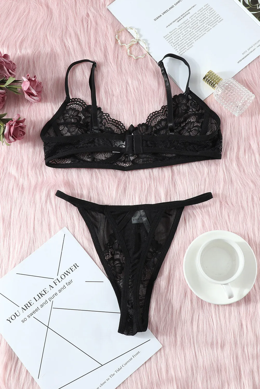 Black Blossom Lacy Strappy Bralette Set