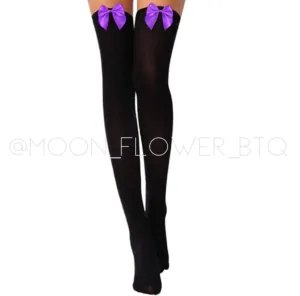 Black Purple Satin Bow Thigh High Stockings