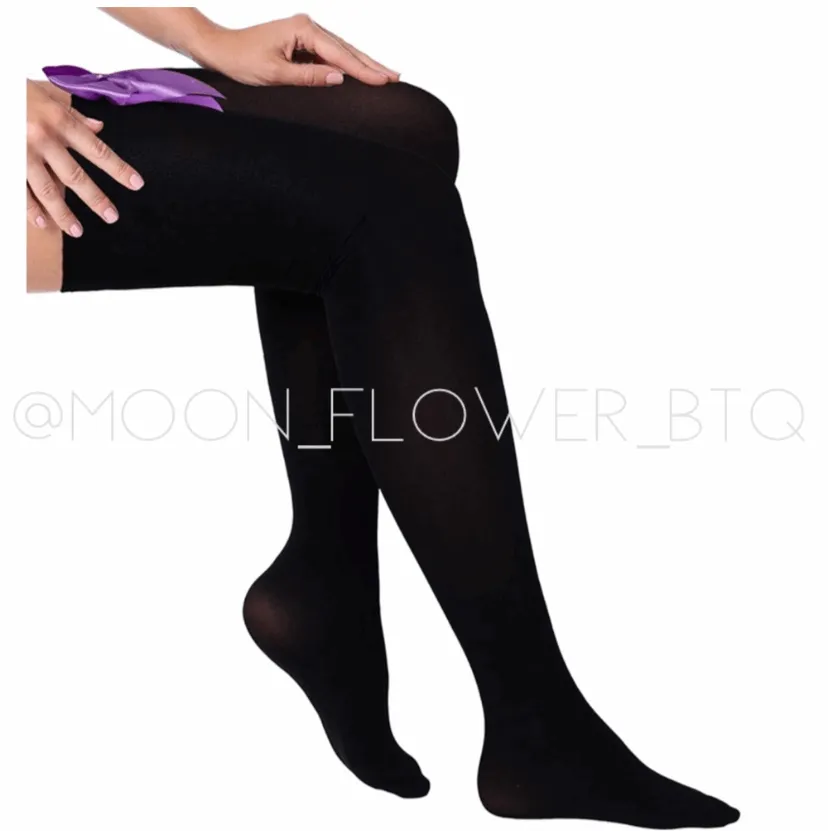 Black Purple Satin Bow Thigh High Stockings