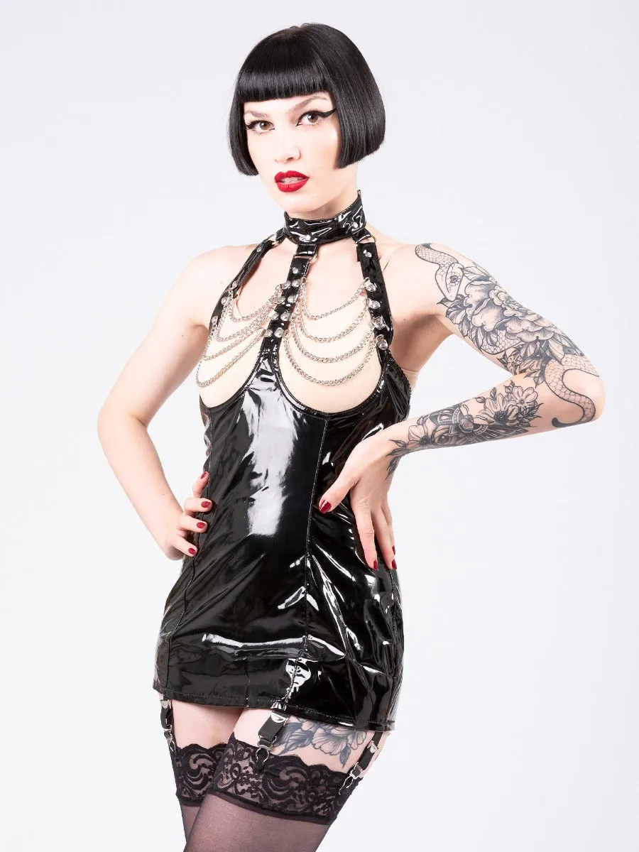 Clearance - PVC Chain Suspender Dress in Black Size 8