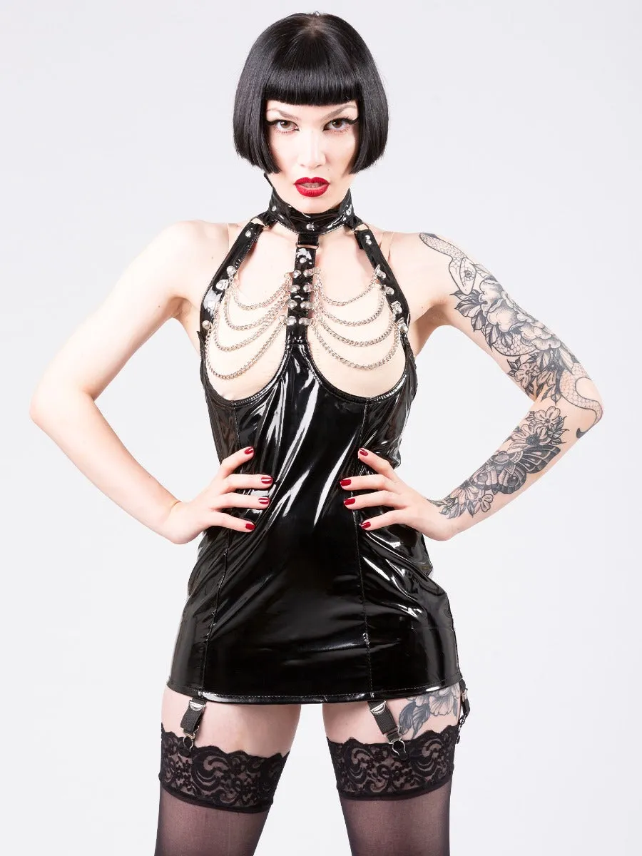 Clearance - PVC Chain Suspender Dress in Black Size 8