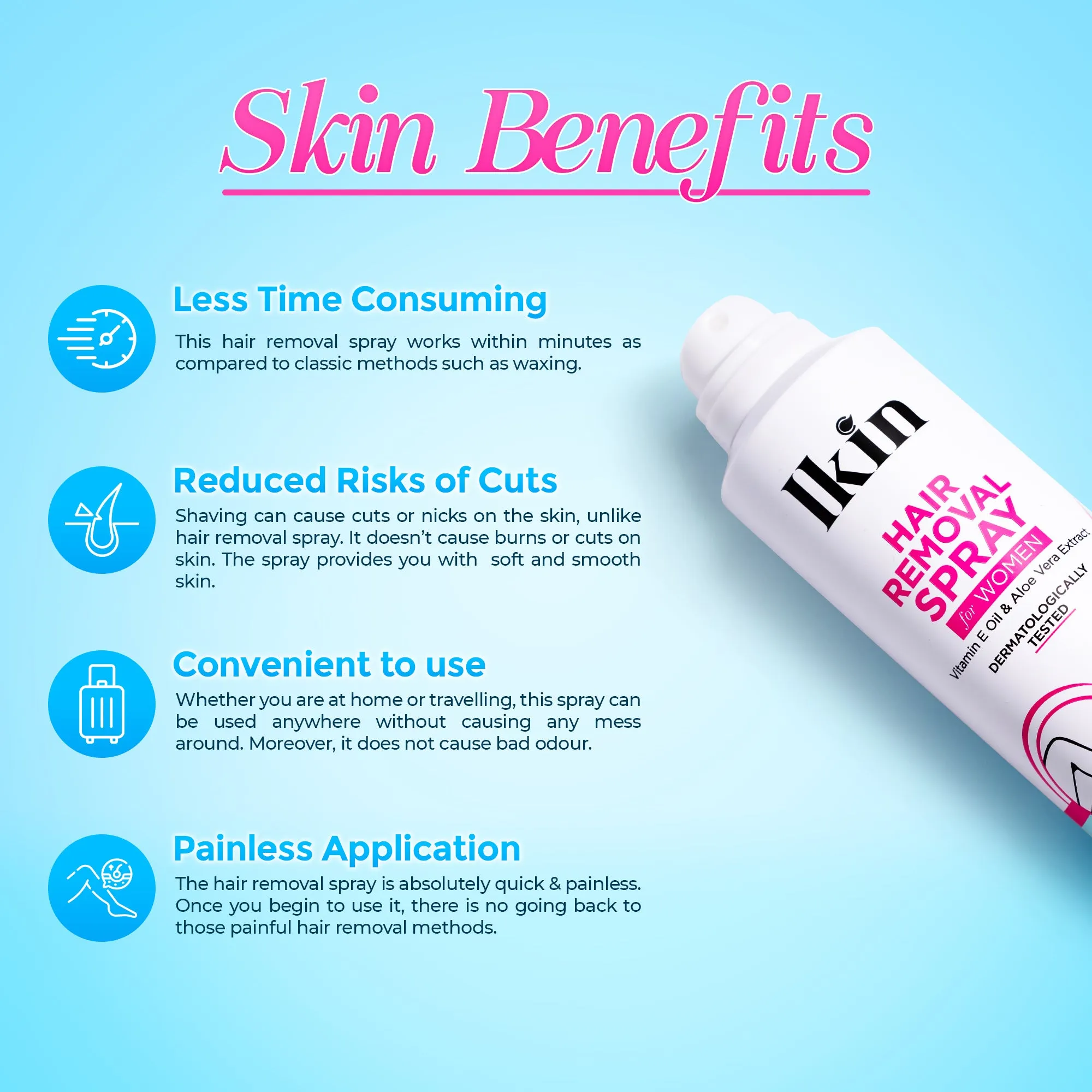Ikin Hair Removal Spray for Women with Vitamin E & Aloe Vera Juice