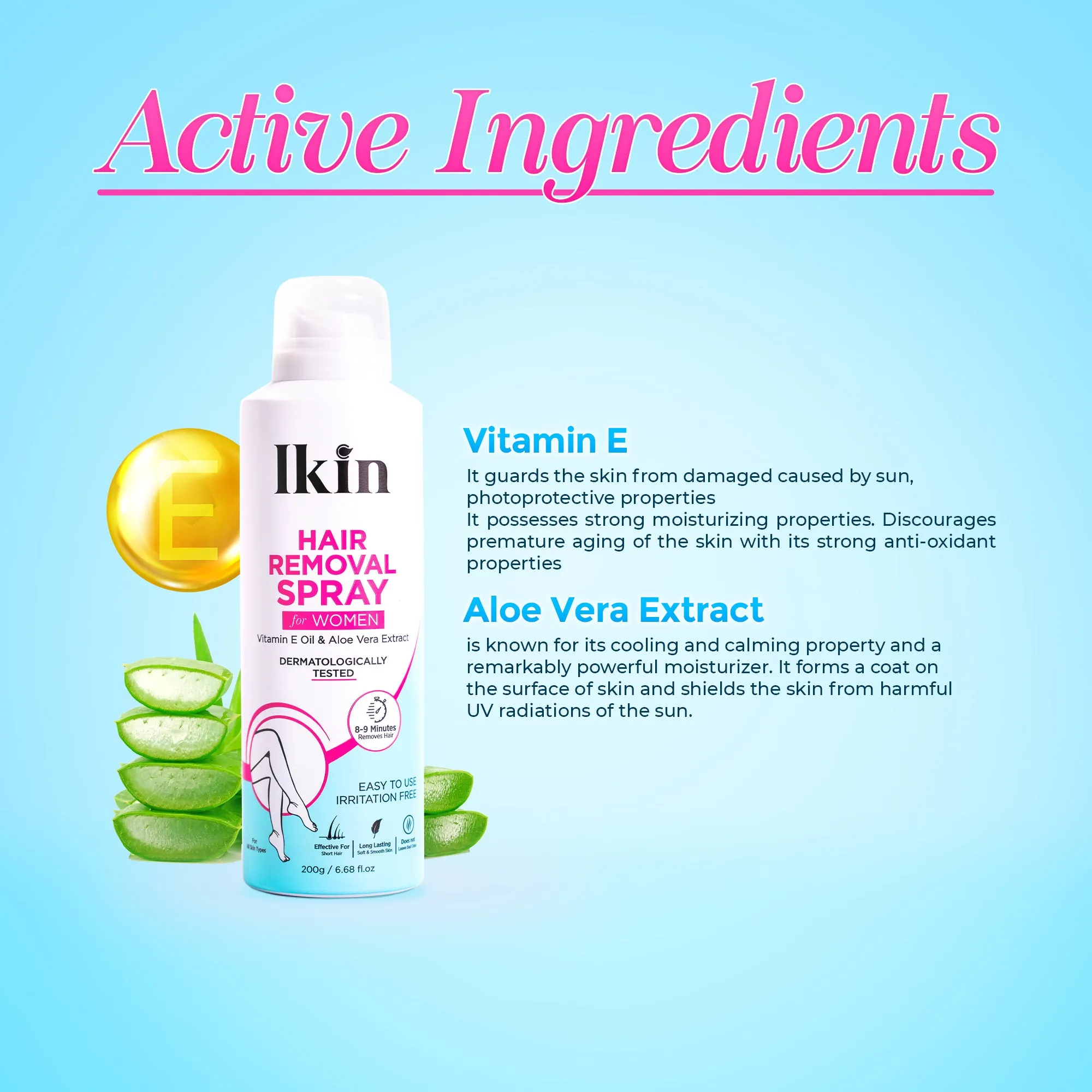 Ikin Hair Removal Spray for Women with Vitamin E & Aloe Vera Juice