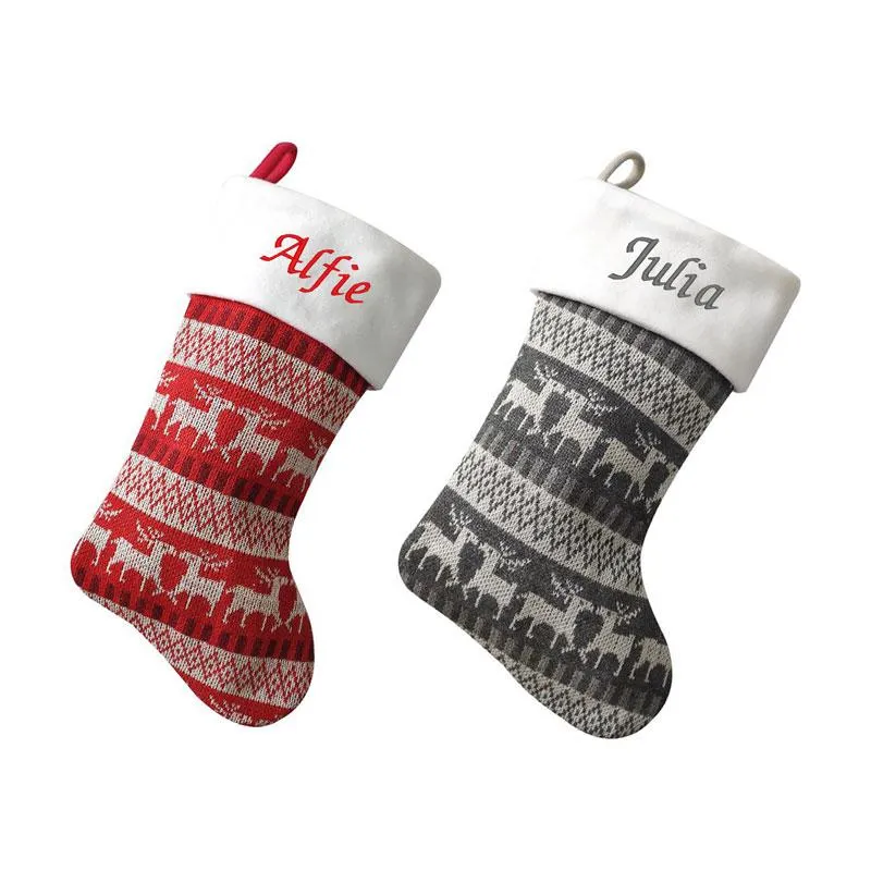 Luxury Personalised Embroidered Knitted Reindeer Christmas Stockings in Red or Silver