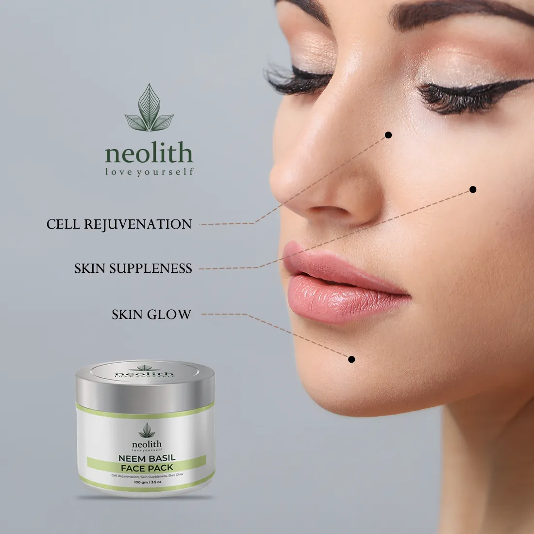 Neolith Neem Basil Face Pack || Skin Brightening Clay Face Mask For Healthy and Glowing Skin, Tan Removal, Oil Control, Black head removal, Acne & Skin Whitening || 100% Organic || For Women & Men || 100gm