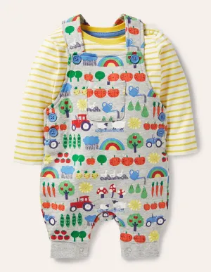 Printed Jersey Dungaree Set-Grey Marl Garden Gang