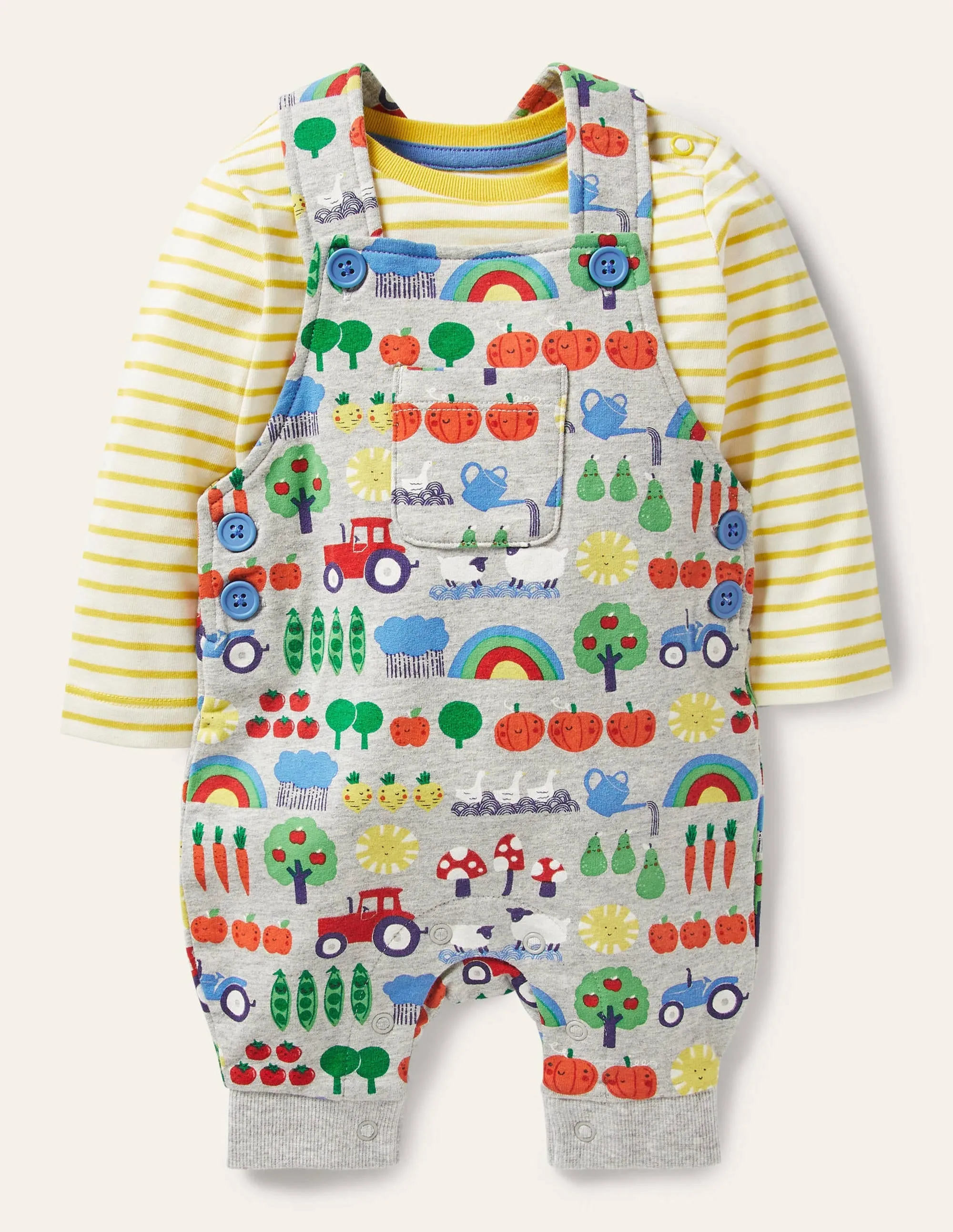 Printed Jersey Dungaree Set-Grey Marl Garden Gang