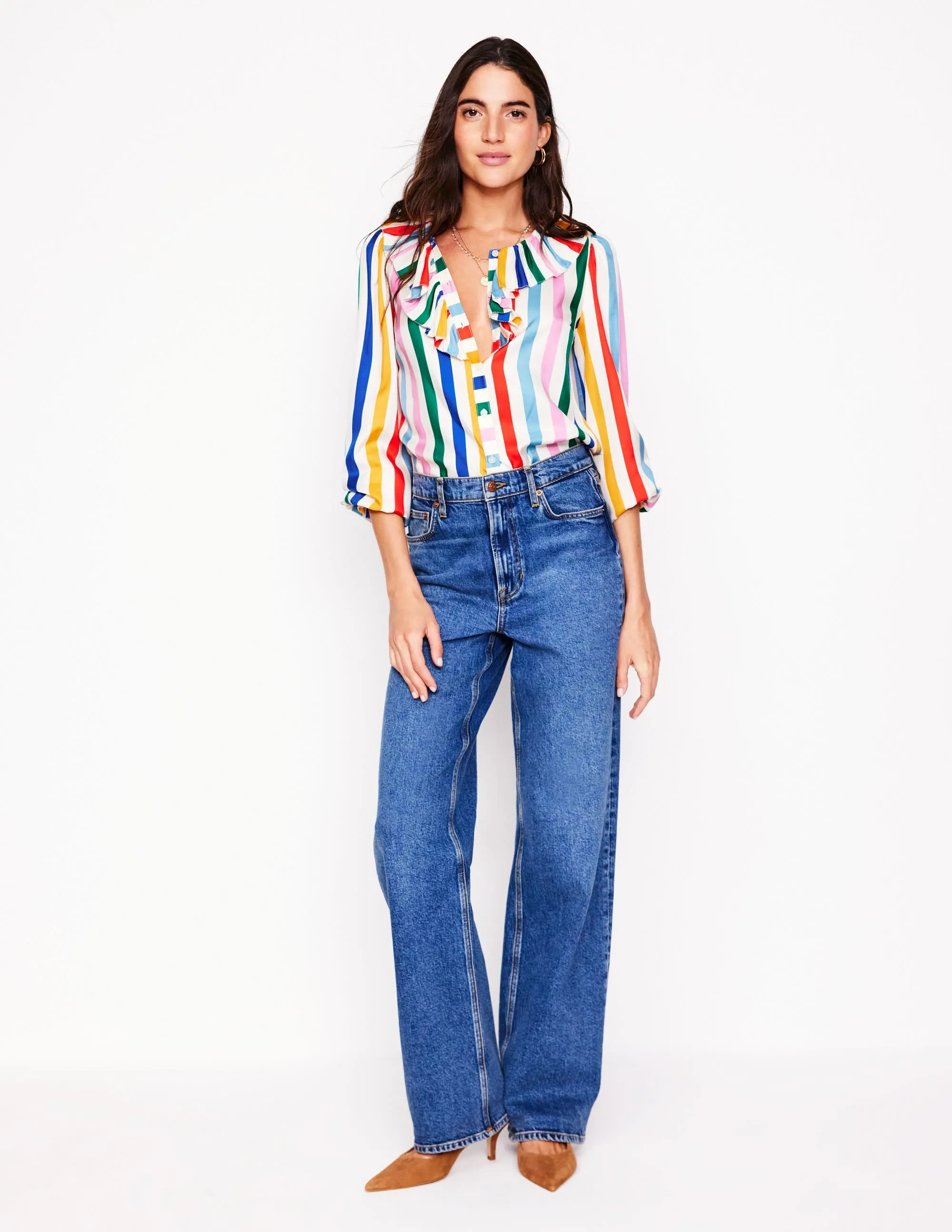 Ruffle Collar Silk Blend Top-Mauve, Strawberry Tart Rainbow