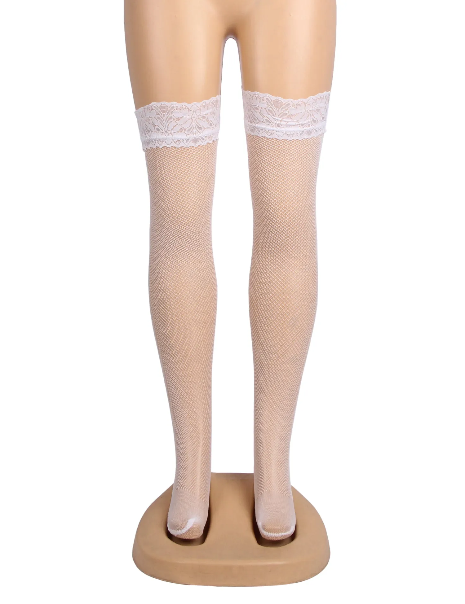 White Fishnets Thigh High Stockings Silicone Lace Top Stay Up Sheer Hosiery
