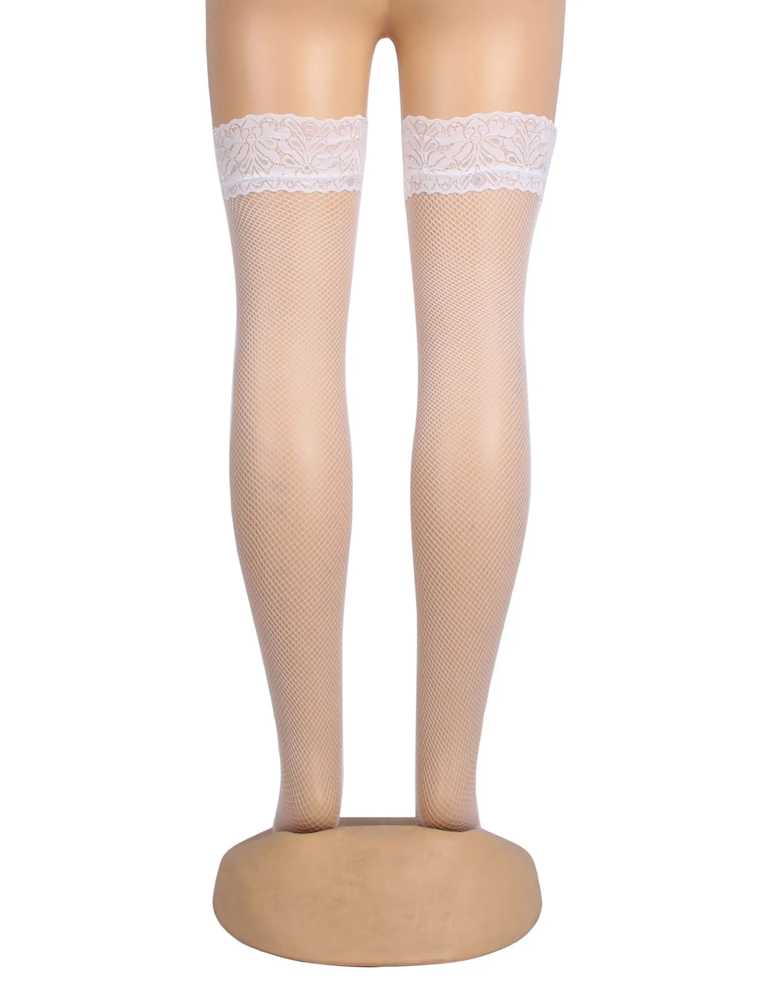 White Fishnets Thigh High Stockings Silicone Lace Top Stay Up Sheer Hosiery