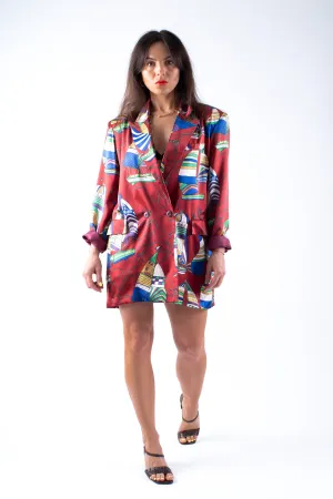 Women's Silk Satin Double Breasted Nautical Theme Loose Fit Blazer, SIZE L
