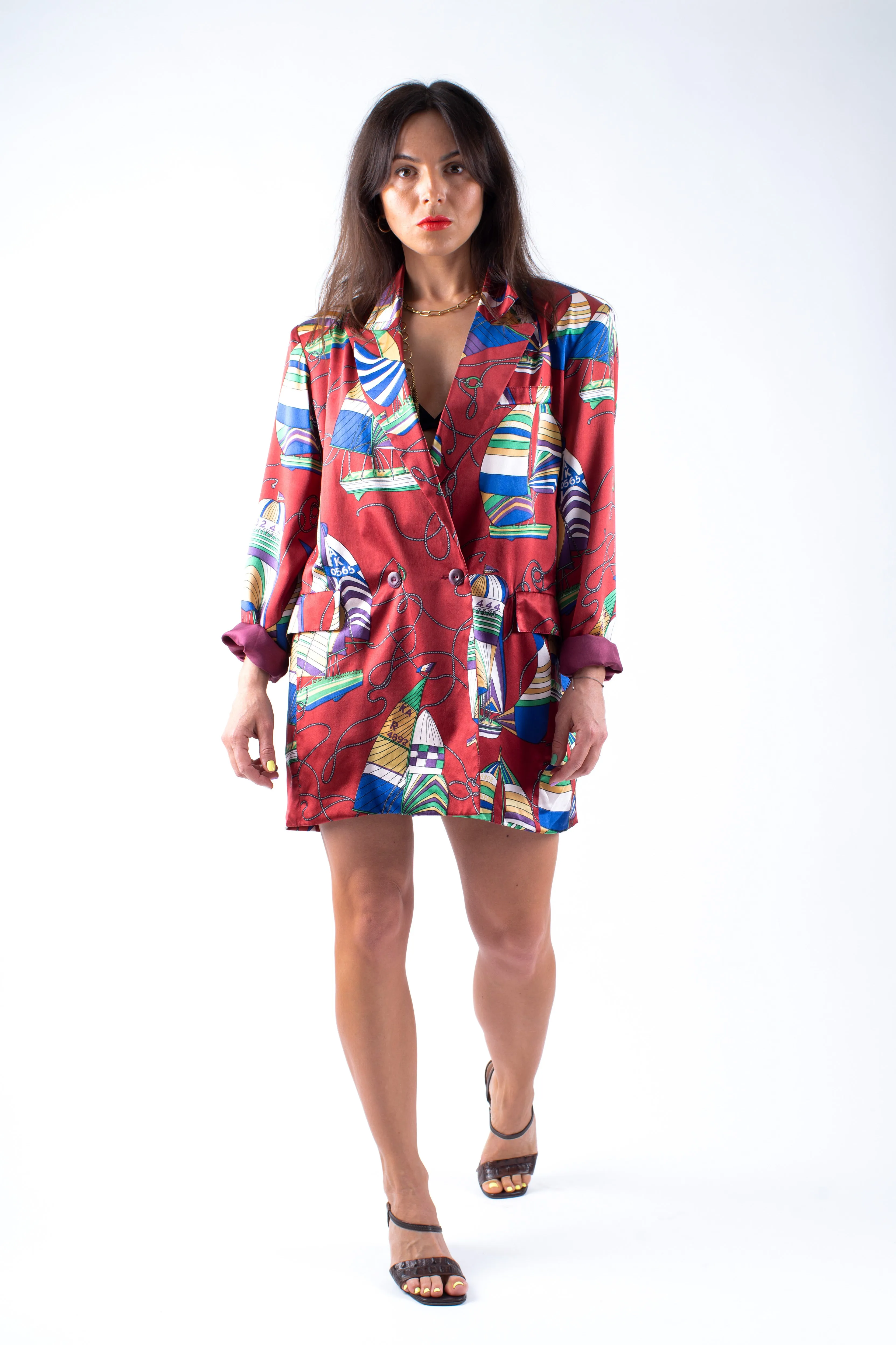 Women's Silk Satin Double Breasted Nautical Theme Loose Fit Blazer, SIZE L