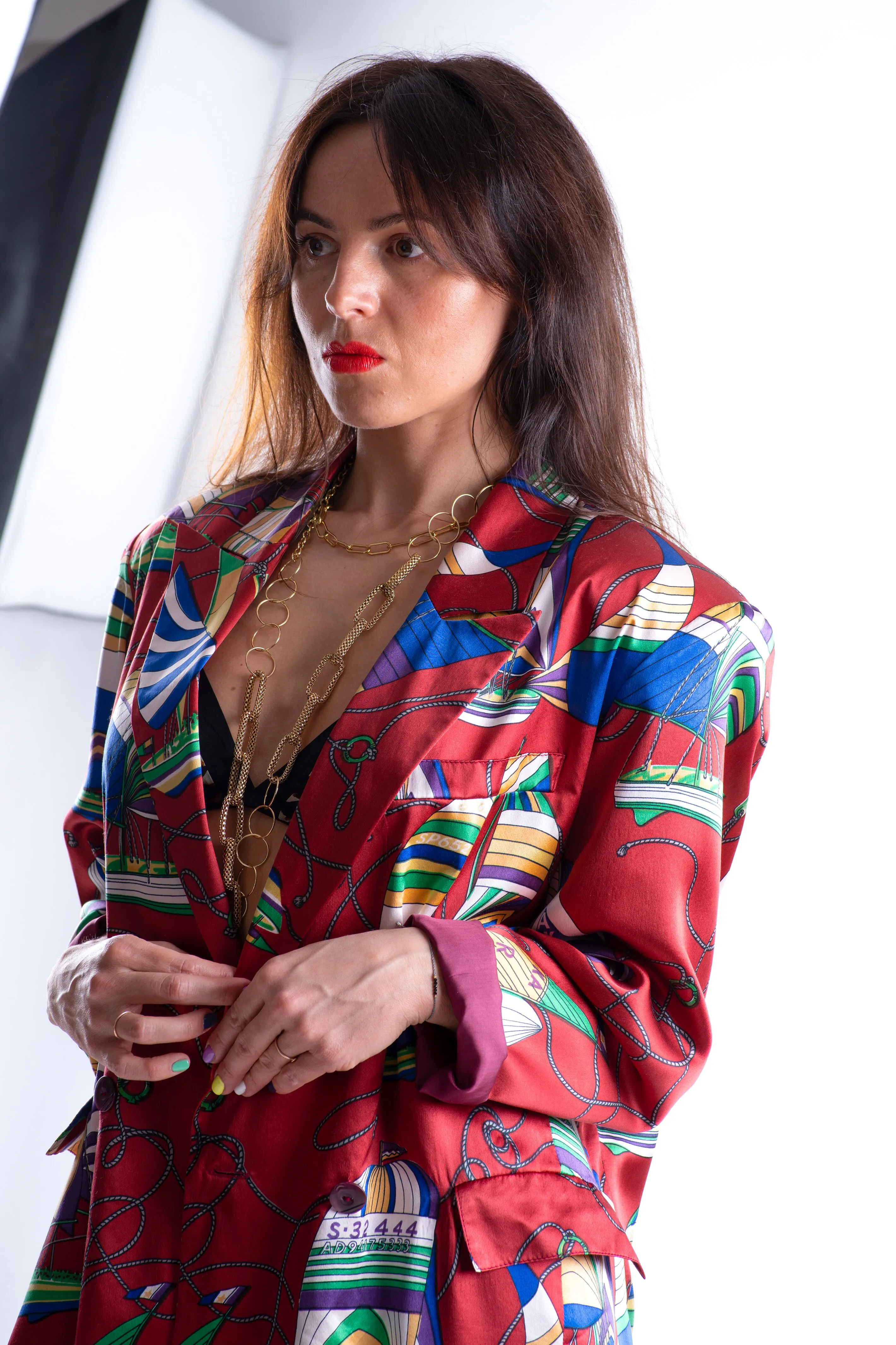 Women's Silk Satin Double Breasted Nautical Theme Loose Fit Blazer, SIZE L